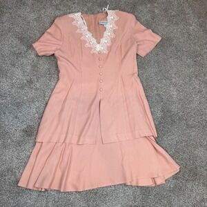 Vintage JB Wright Pink Lace Trim Layered Skirt‎ Dress Size 14 Made in USA Retro